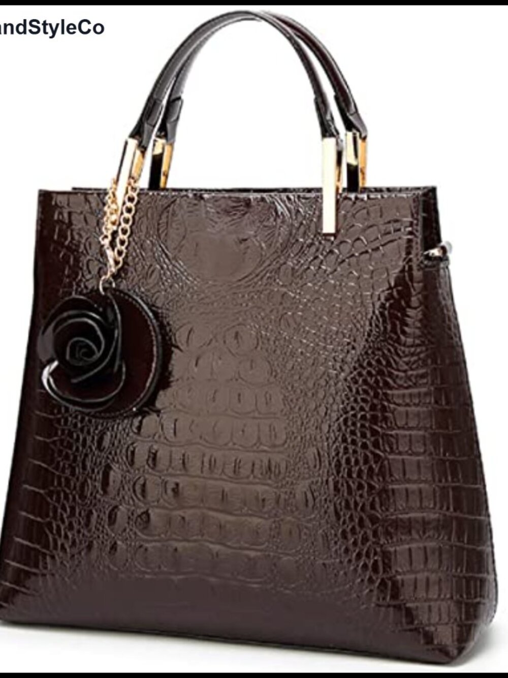 Shiny Patent Leather Crocodile Pattern Tote Satchel Purse Flower Pendant Top